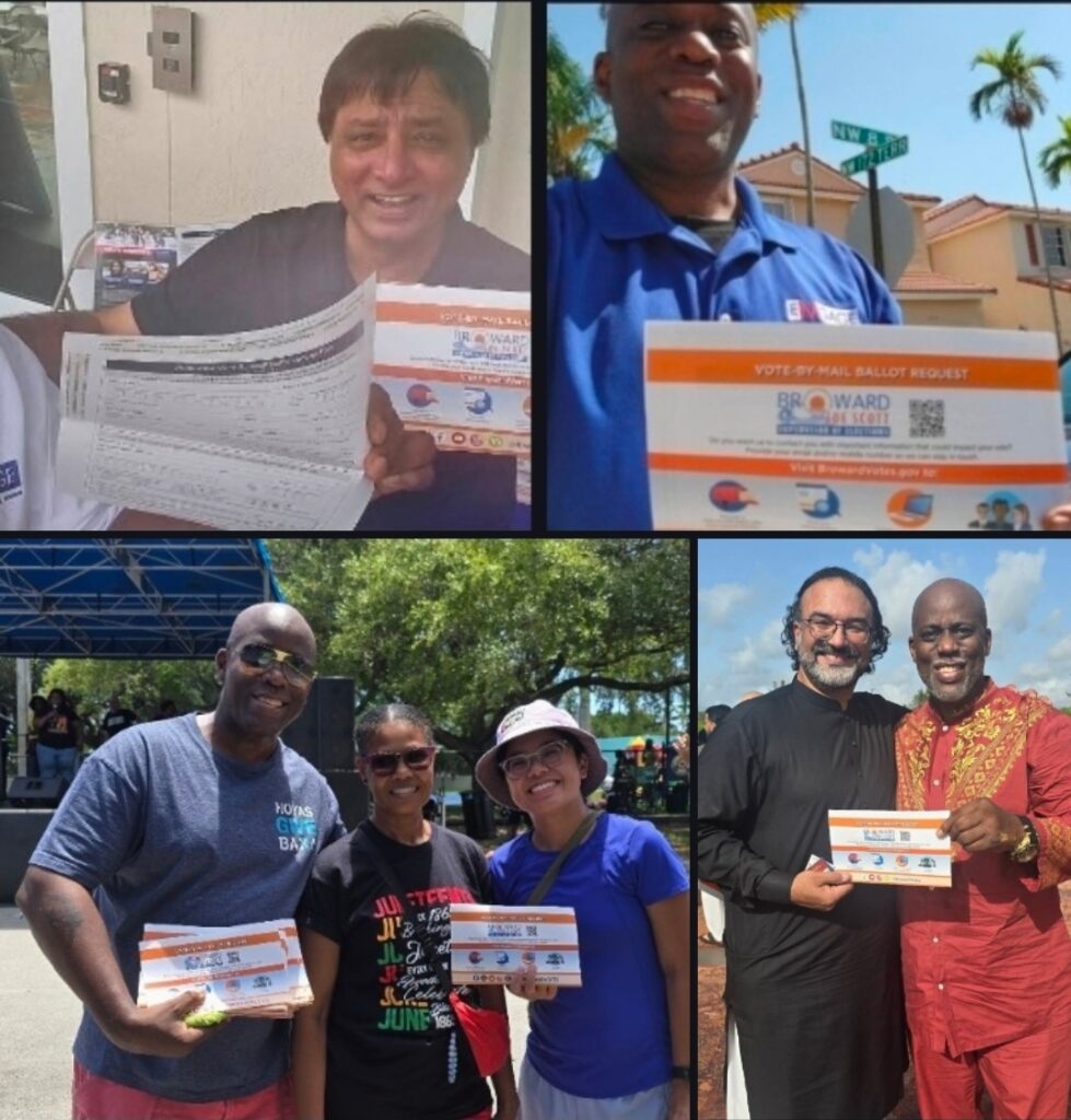 Photo collage of four photos by Corey Shearer (pictured top right in blue collared shirt) with community members in Broward County, Florida